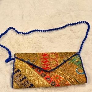 Kaf Craft Gokden Elegant Multicolor Clutch with Blue Pearl Strap